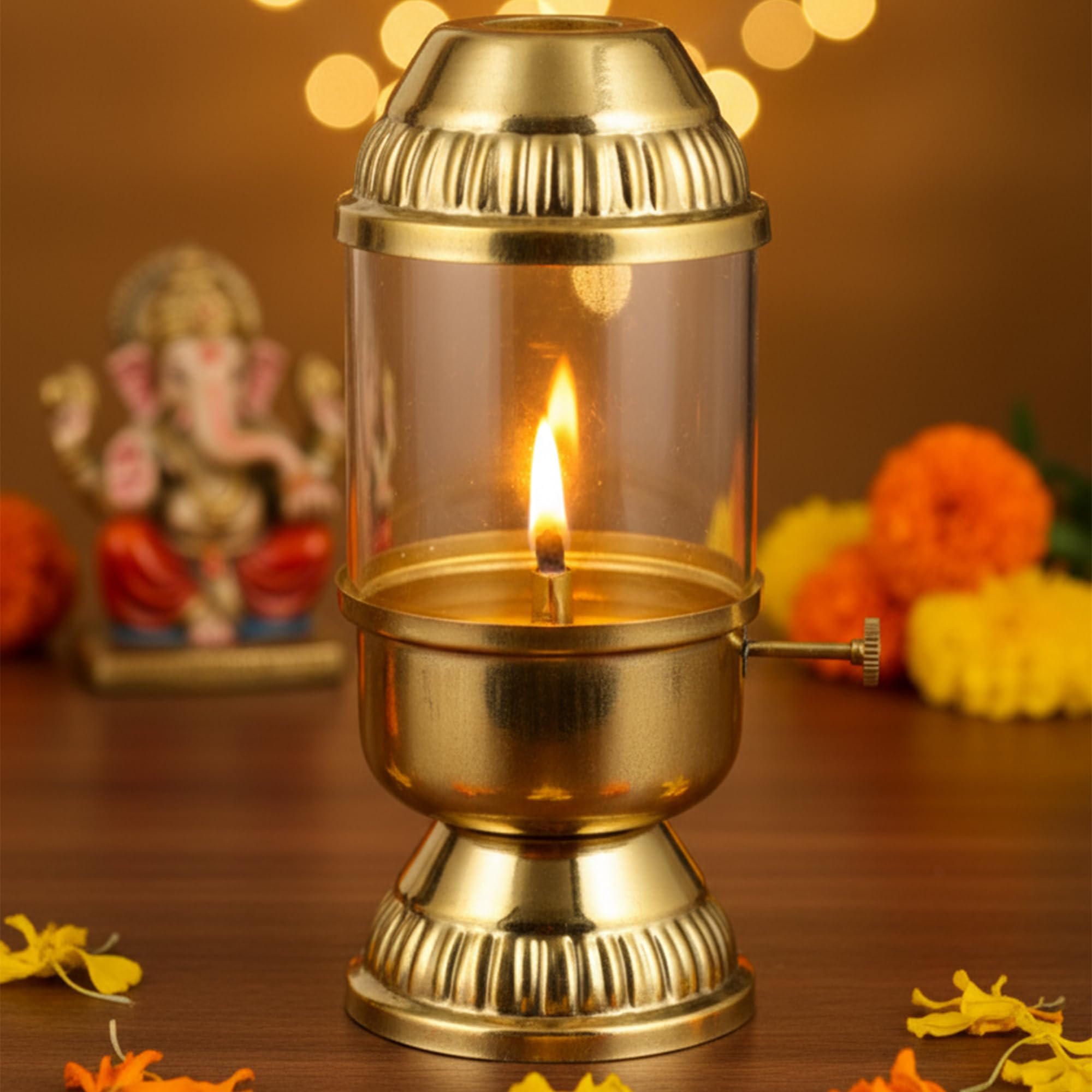100% Pure Brass Akhand Diya with Adjustable bati Knob, Wick Lifting Screw Lever, Glass Cover (DFBS569)