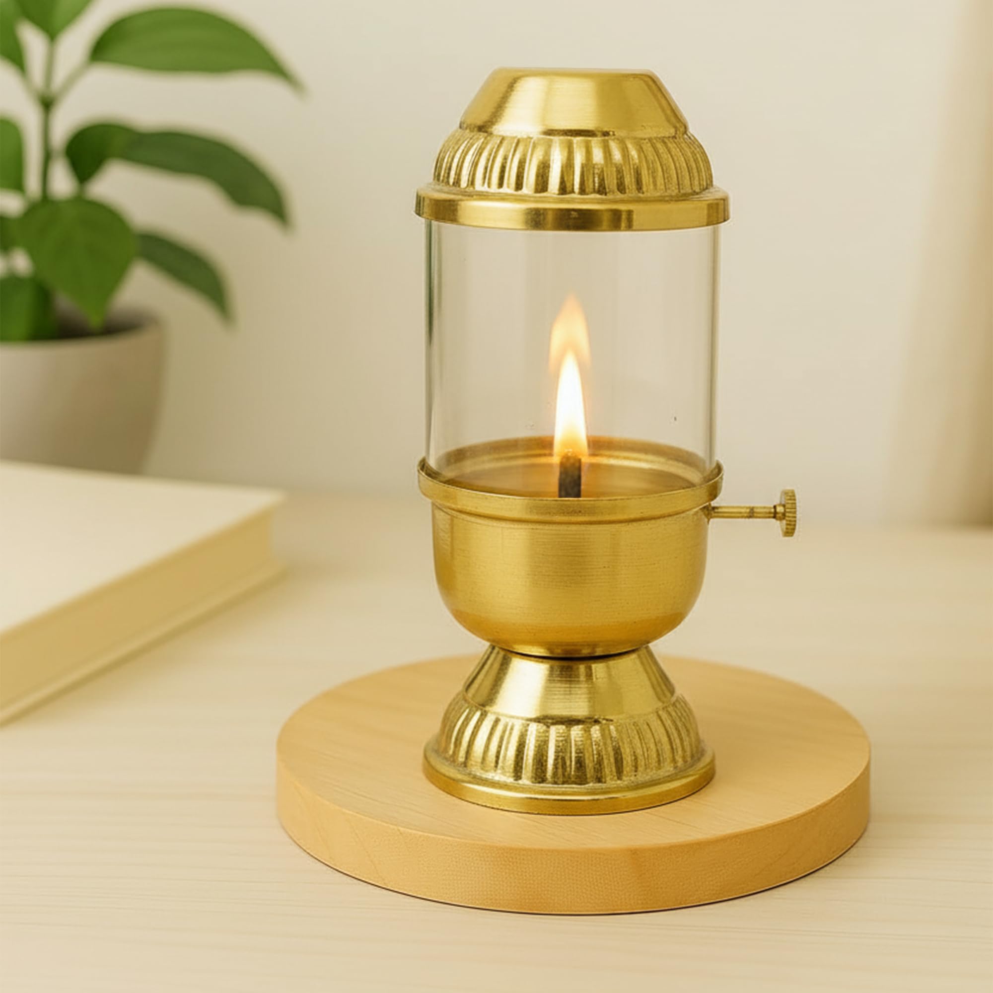 100% Pure Brass Akhand Diya with Adjustable bati Knob, Wick Lifting Screw Lever, Glass Cover (DFBS569)