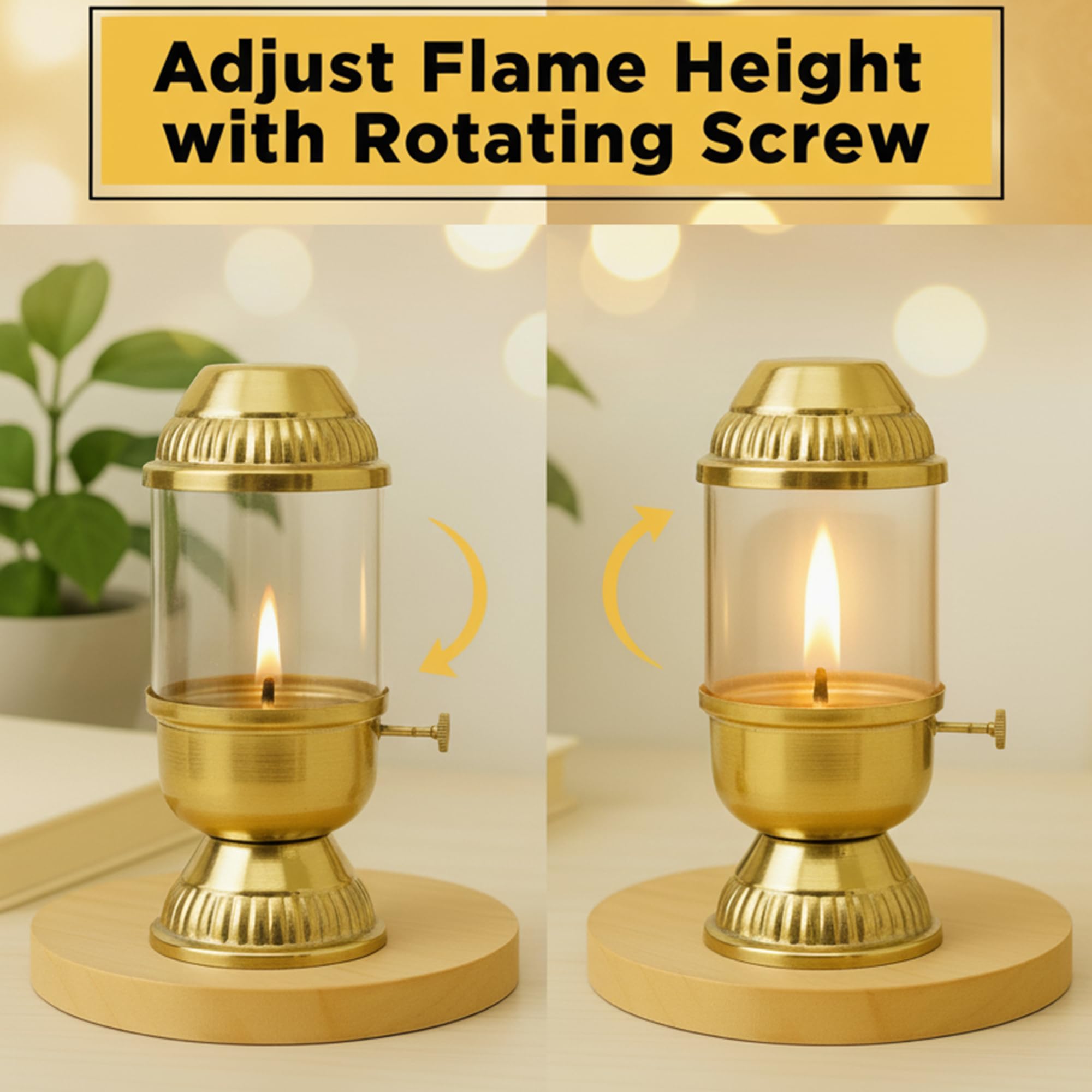 100% Pure Brass Akhand Diya with Adjustable bati Knob, Wick Lifting Screw Lever, Glass Cover (DFBS569)
