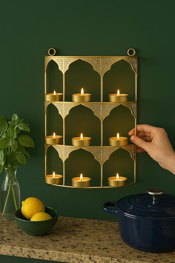 Tealight Candle Holder, Festiva Decor Diwali Decoration for Home, Wall Hanging Metal Jharokha Tealight Candle Holder Stand Frame Christmas Diwali Gift Items for Family Friends(TCMH492-1BOX)
