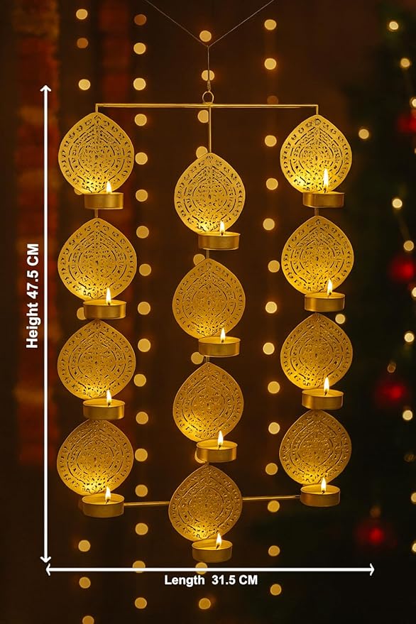 Tealight Candle Holder,Festiv Diwali Decor Items, Wall Mounted Hanging Iron Leaf Design Tealight Candle Holder Stand Frame for Home Christmas Diwali Decoration Items, Wall Decor Items(TCMH491-1BOX)