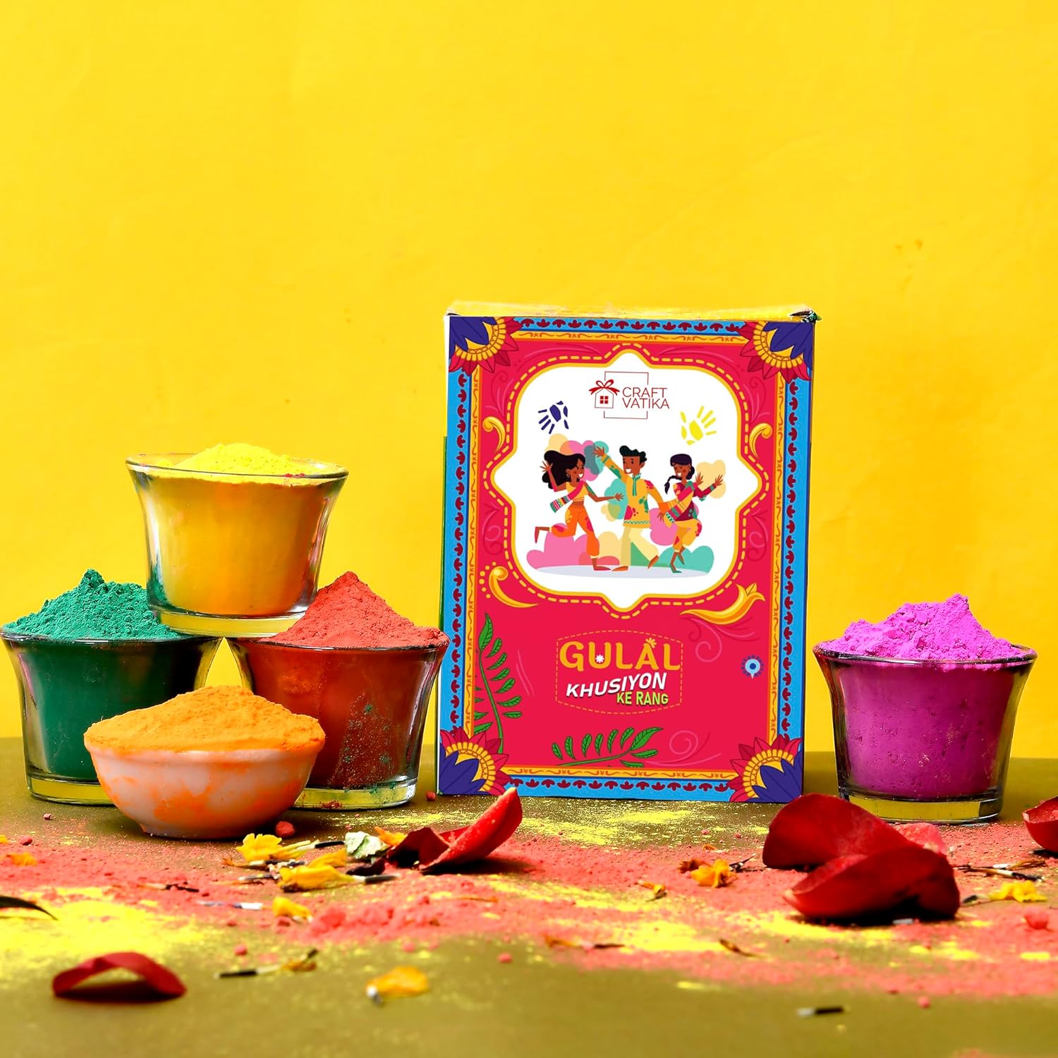 Natural Holi Colour - Organic Holi Gulal - Orange | Yellow | Red | Pink and Green - Holi Items- Pack of 5-80gm x 5 Holi Gift Pack-for Family