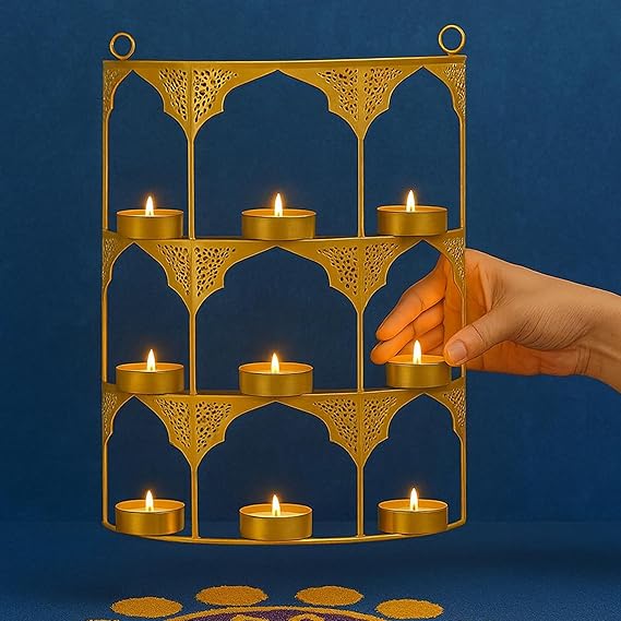 Tealight Candle Holder, Festiva Decor Diwali Decoration for Home, Wall Hanging Metal Jharokha Tealight Candle Holder Stand Frame Christmas Diwali Gift Items for Family Friends(TCMH492-1BOX)