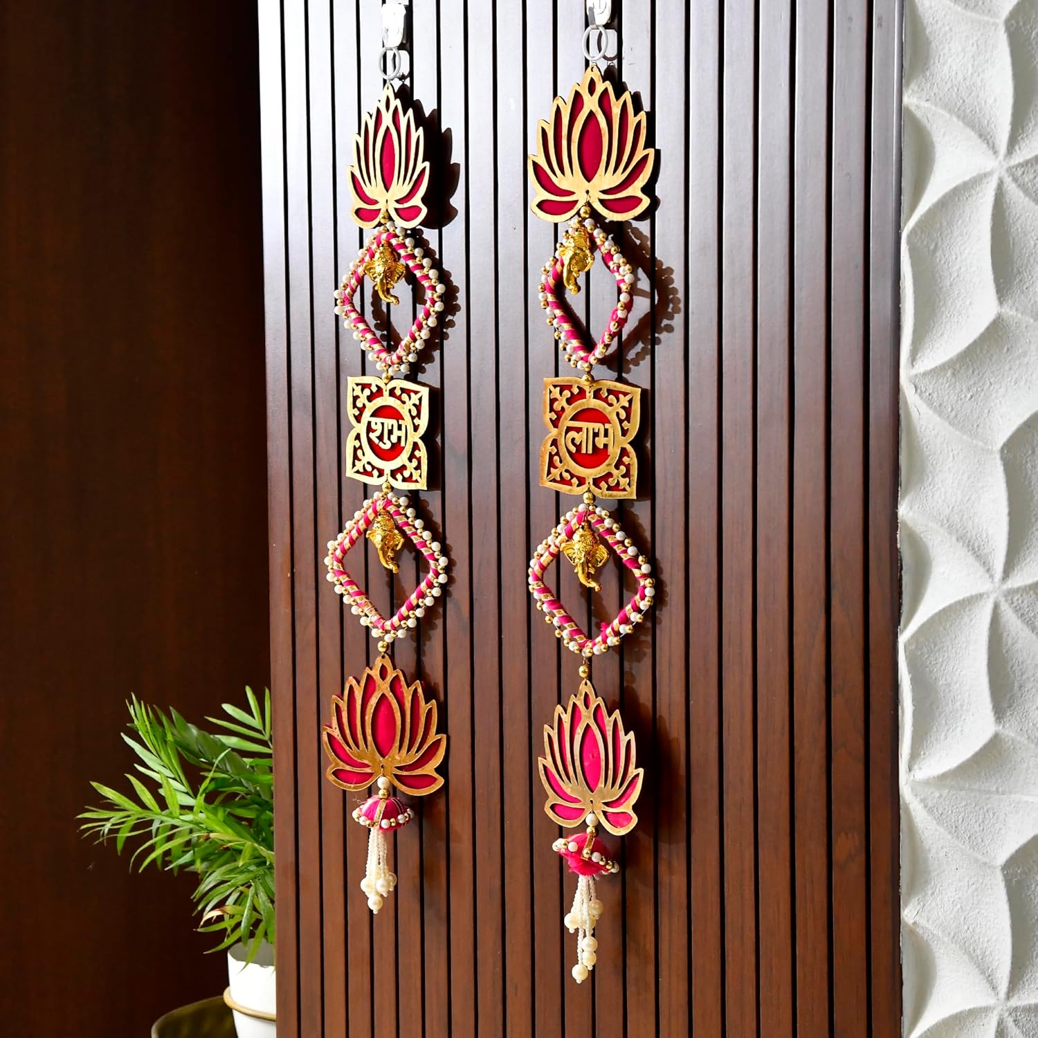 Wall Door Hanging Lotus Ganesha Shubh Labh Latkan Toran for Pooja Room Home Decor ( LTKN122-1 SET)