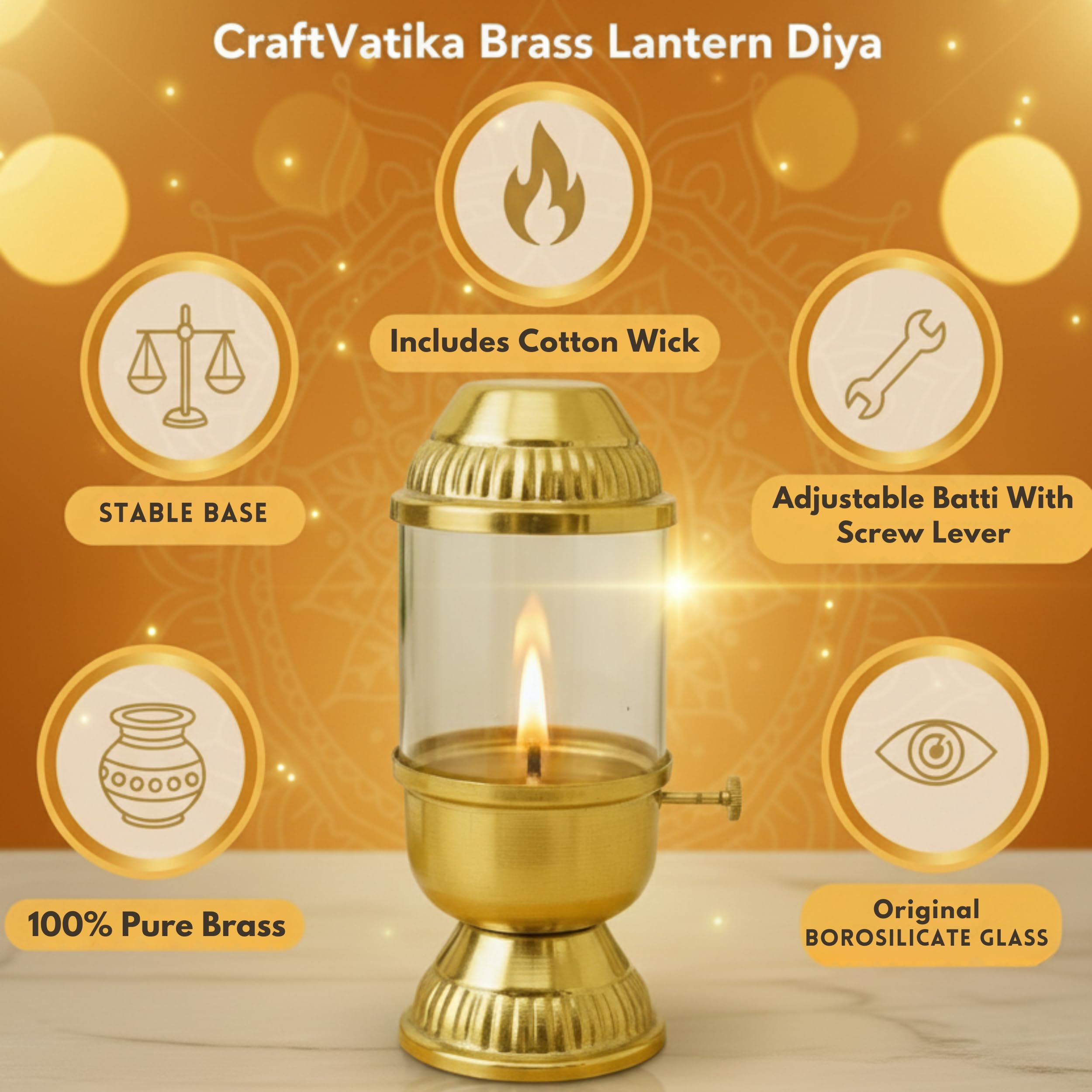 100% Pure Brass Akhand Diya with Adjustable bati Knob, Wick Lifting Screw Lever, Glass Cover (DFBS569)