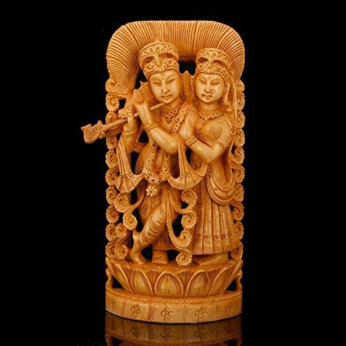 Divine Statue of Radha Krishna on Lotus Wooden Figurine