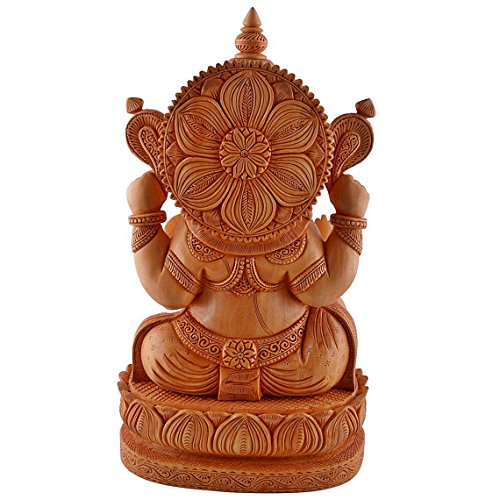 Wooden Idol of Ganpati Sitting on Lotus Pedestal Sculpture