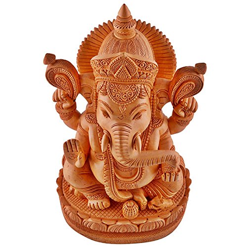 Wooden Idol of Ganpati Sitting on Lotus Pedestal Sculpture