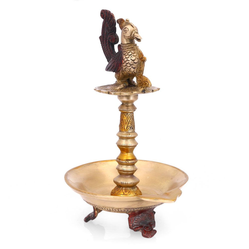 Brass Antique Bird Diya Puja Oil Lamp Showpiece