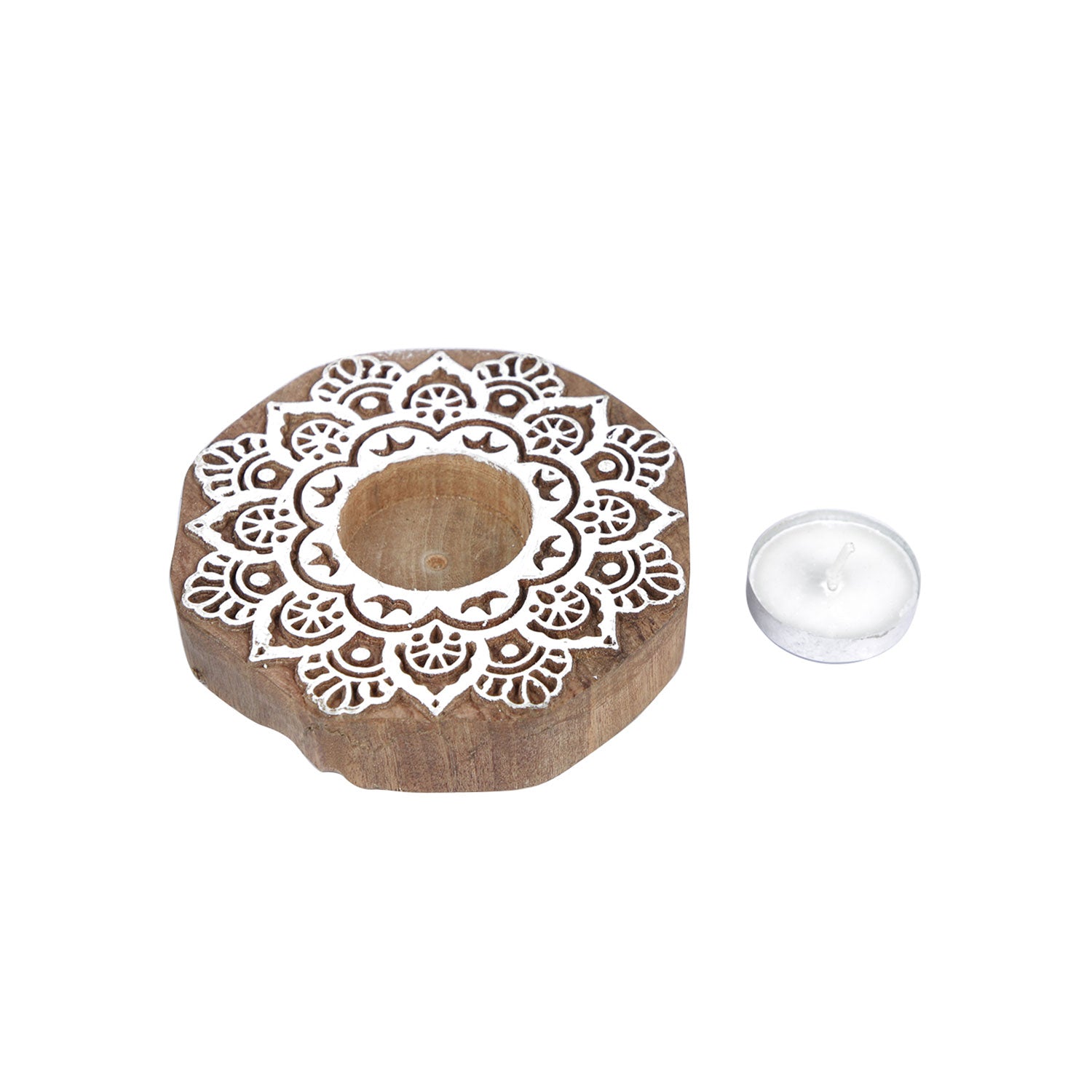 Wooden Block Round Shaped Tealight Holder Tcmh374