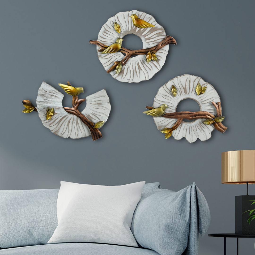Metal Birds On Branches Frame Wall Hanging Showpiece (Set Of 3) Dfmw396