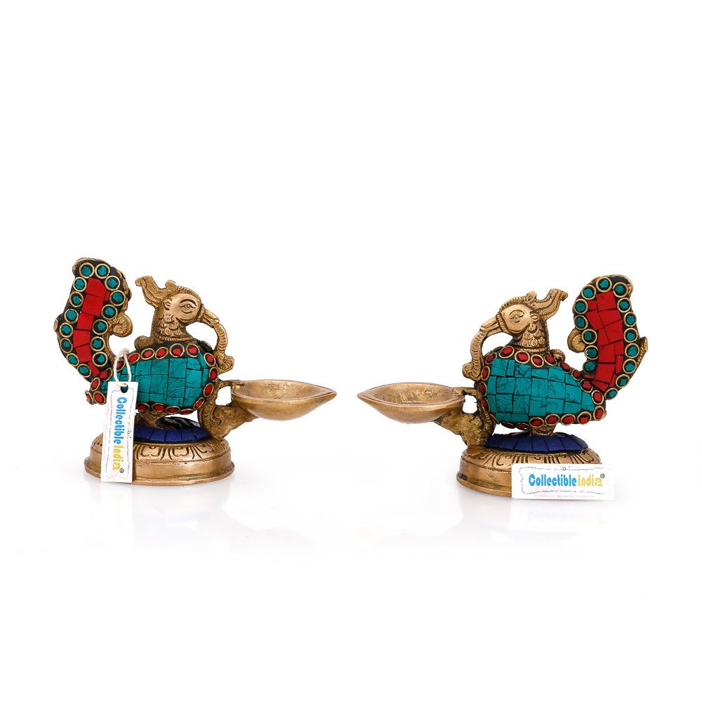 Brass Pair Of Peacock Diya Stand Showpiece