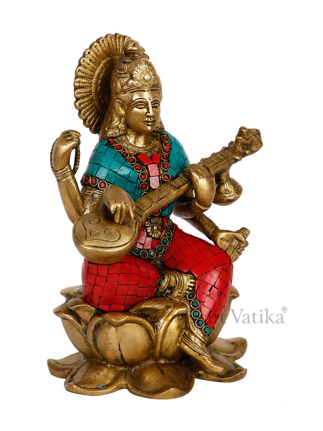 Goddess Maa Saraswati Idol Sitting on Lotus Brass Showpiece