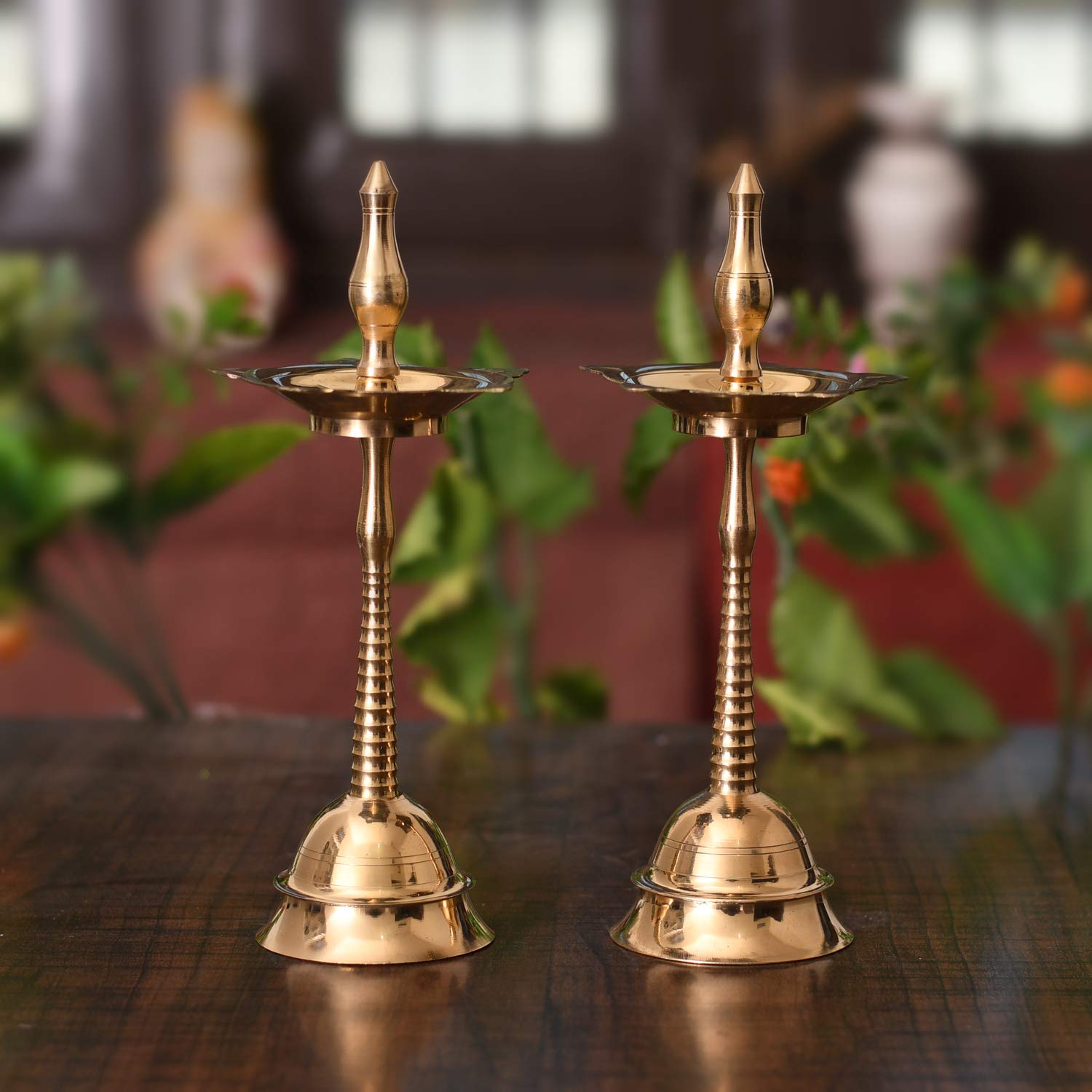 Brass Traditional Golden Kerala Diya Oil Lamp Stand Showpiece (Set of 2)