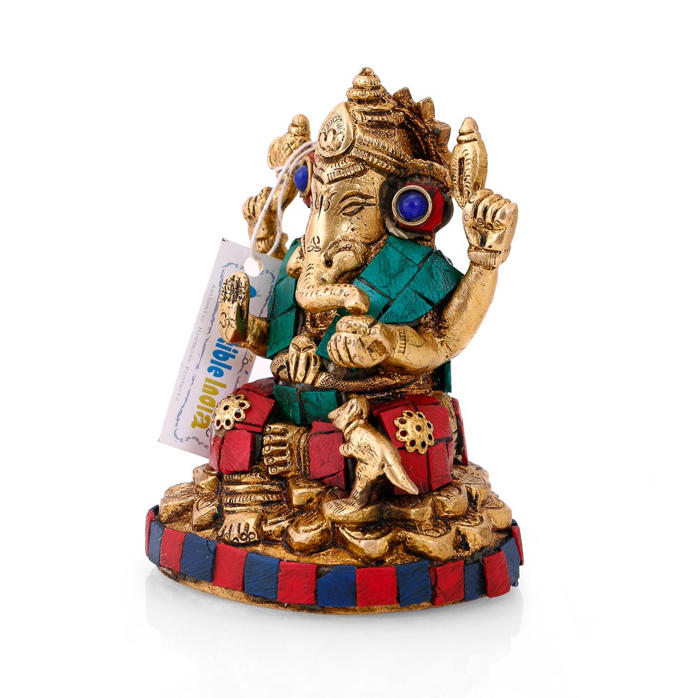Handmade Brass Lord Ganesha Idol with Stone Work