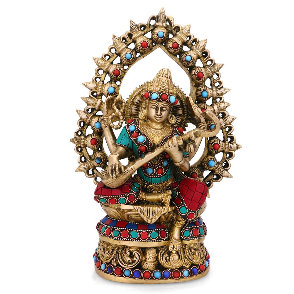 Goddess Saraswati Brass Idol With Turquoise Stone Handwork Sts103