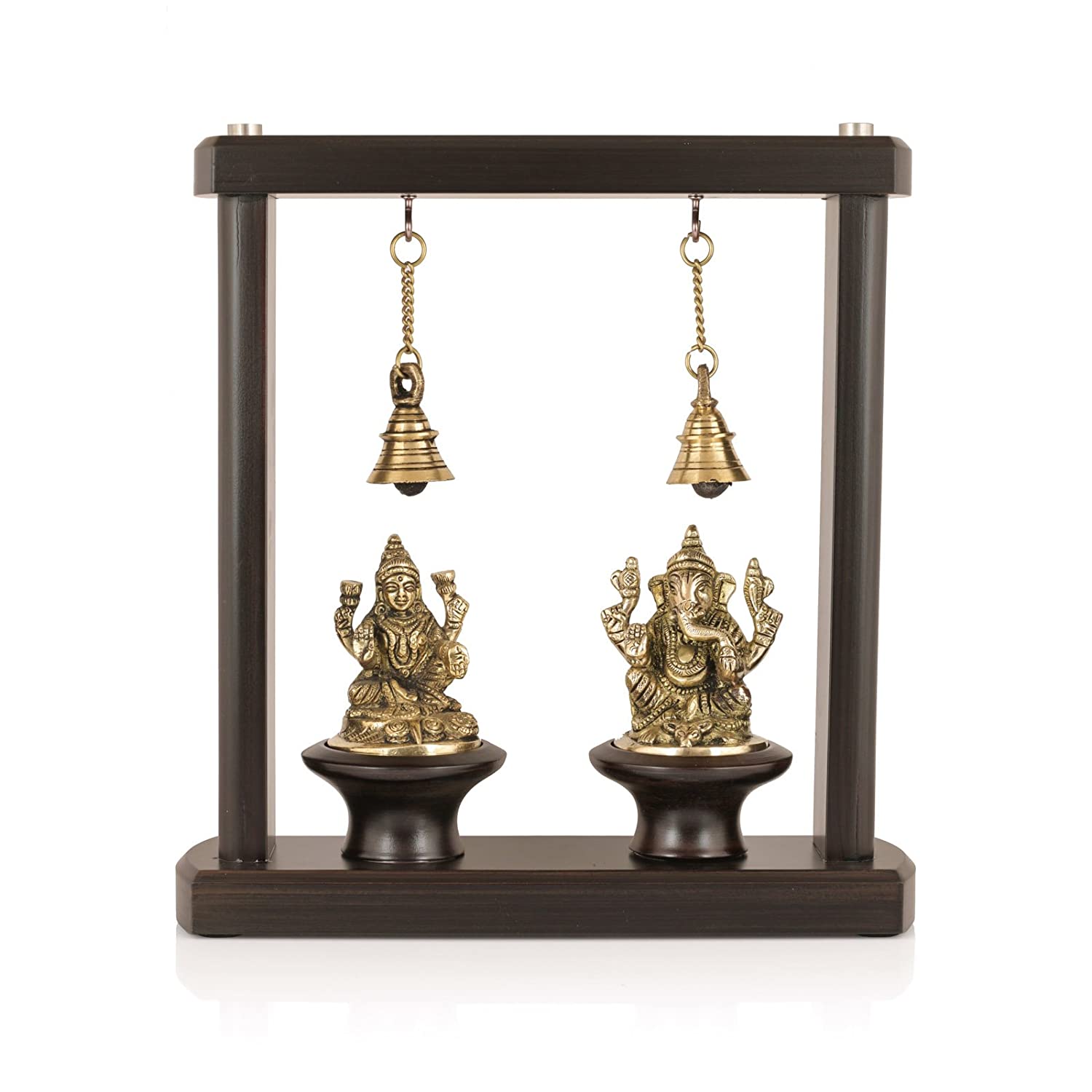 Brass Lakshmi Ganesha Idol Murti With Hanging Bells Wooden Base Statue