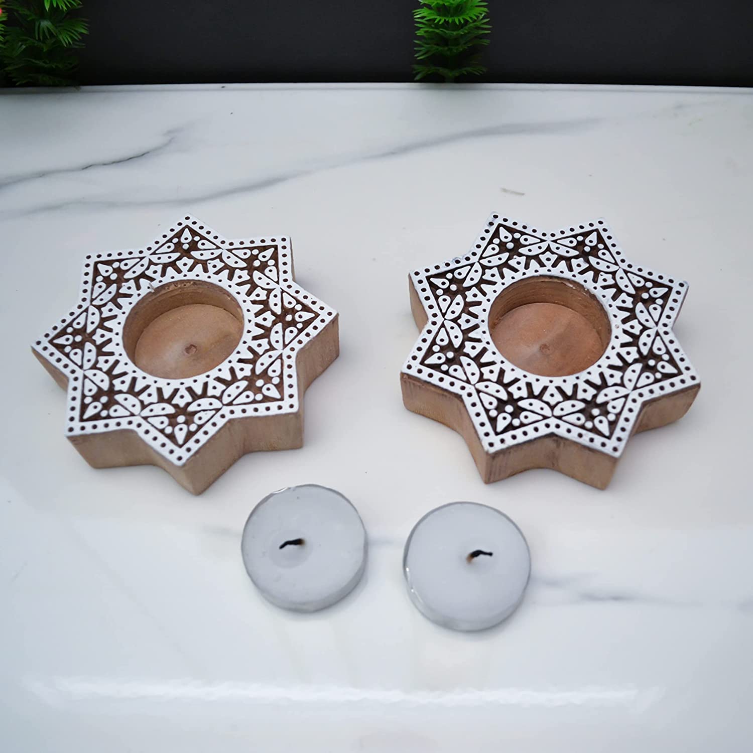 Wooden Block Print Tea light Candle Holder (Set of 2)