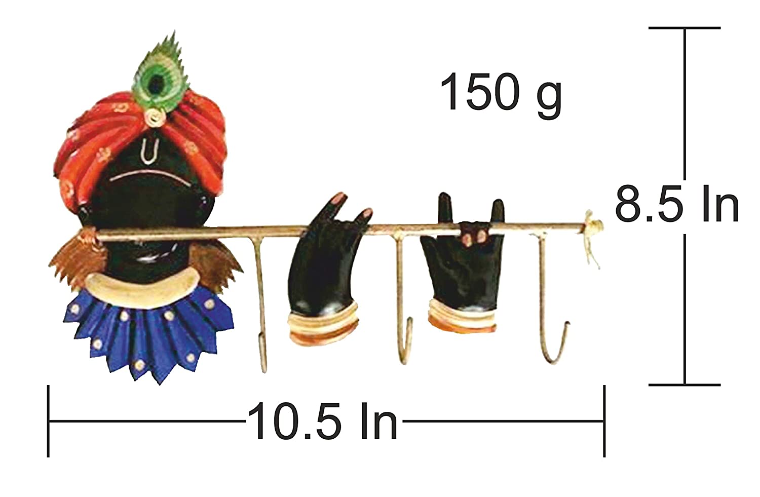 Wrought Iron Lord Krishna Flute Key Holder 3 Hooks Wall Hanging Key Hanger Stand Kymw101