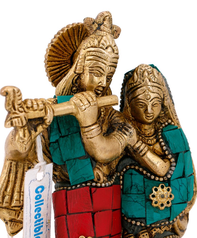 Radha Krishna Brass Divine Idol With Stone Work Figurine