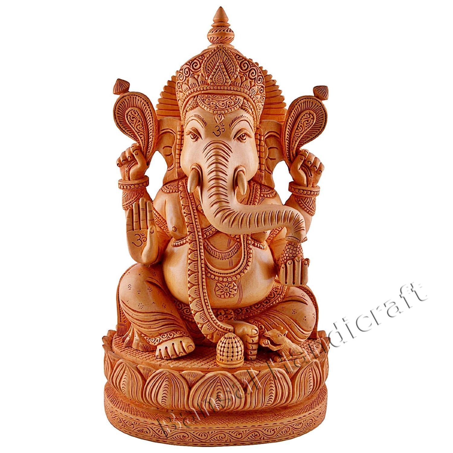 Wooden Idol of Ganpati Sitting on Lotus Pedestal Sculpture