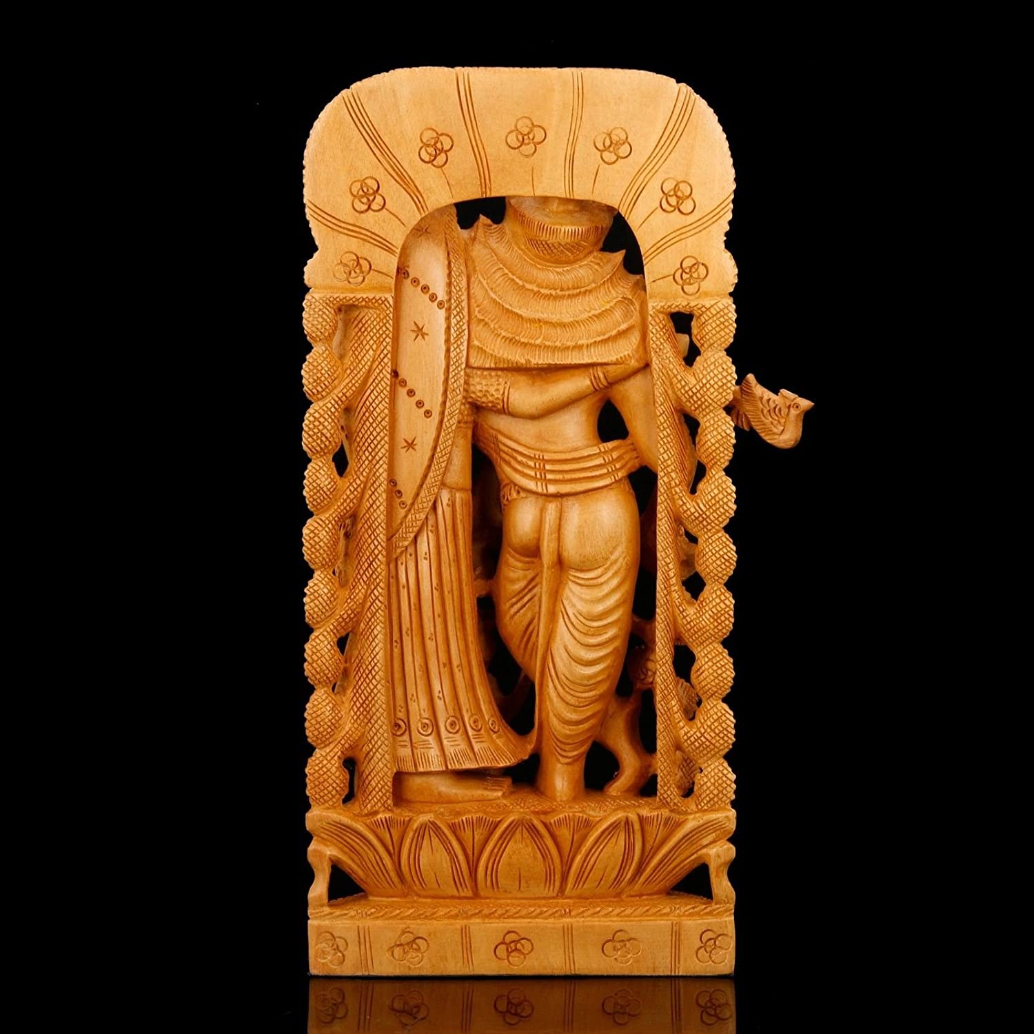 Divine Statue of Radha Krishna on Lotus Wooden Figurine