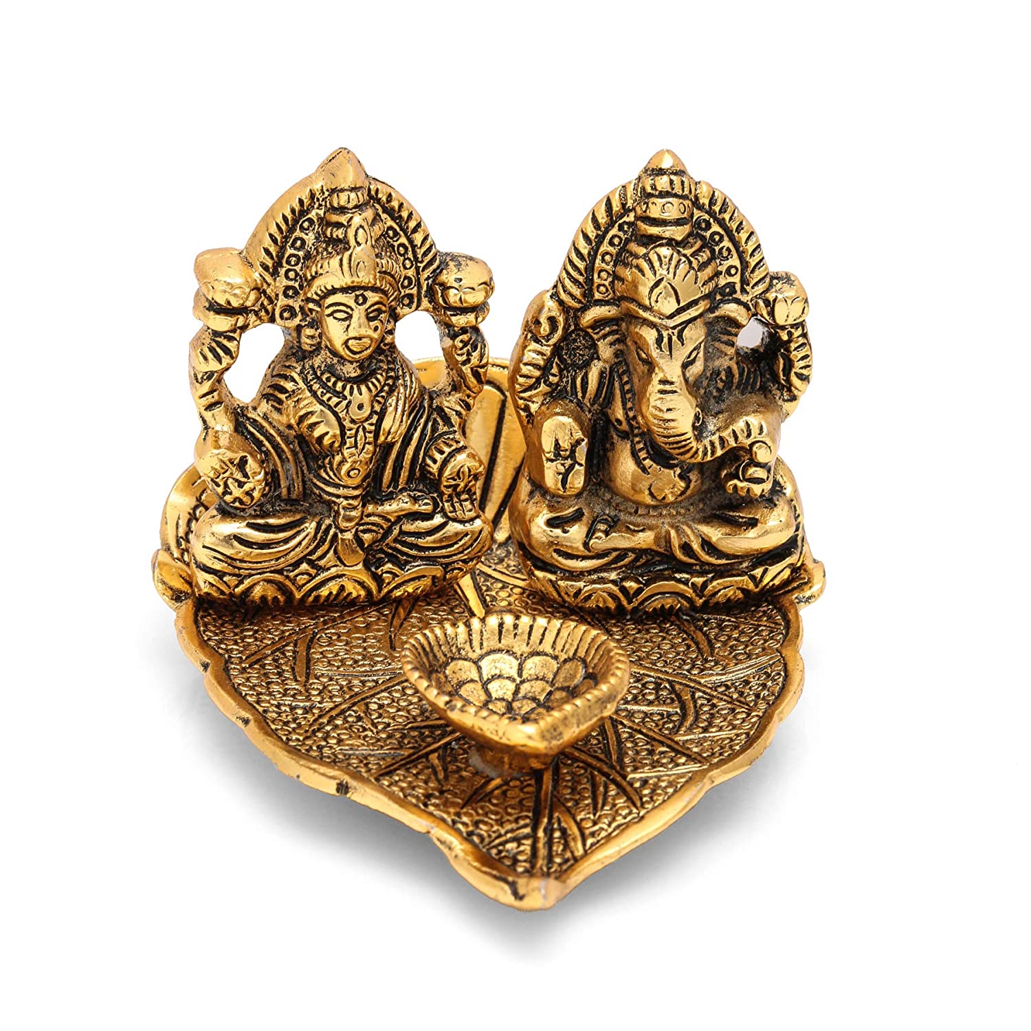 Metal Lakshmi Ganesha Idol Sitting On Leaf With Diya Oil Lamp Lgbs169