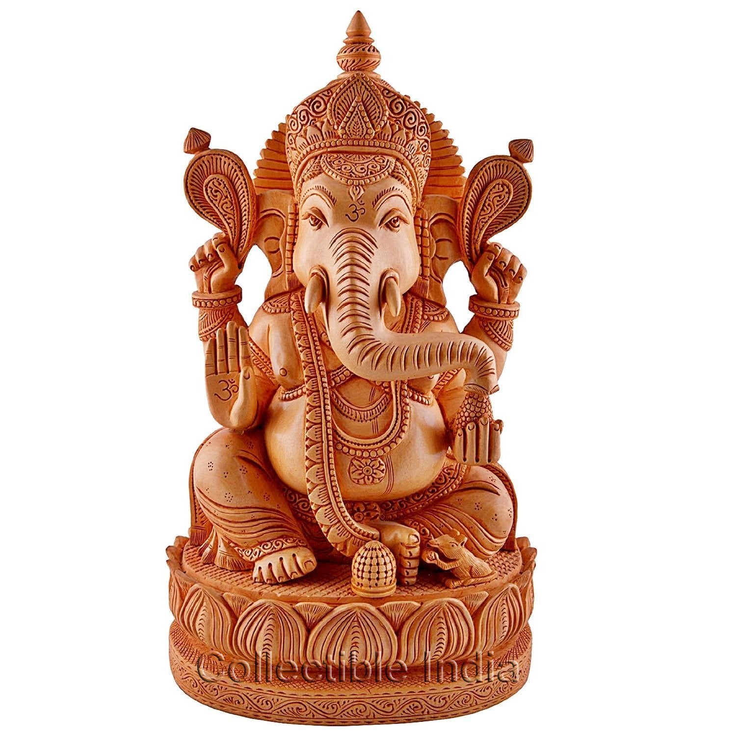 Wooden Idol of Ganpati Sitting on Lotus Pedestal Sculpture