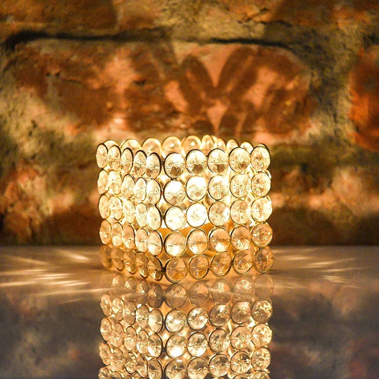 Metal Golden Crystal Lantern Tealight Candle Holder Stand Showpiece