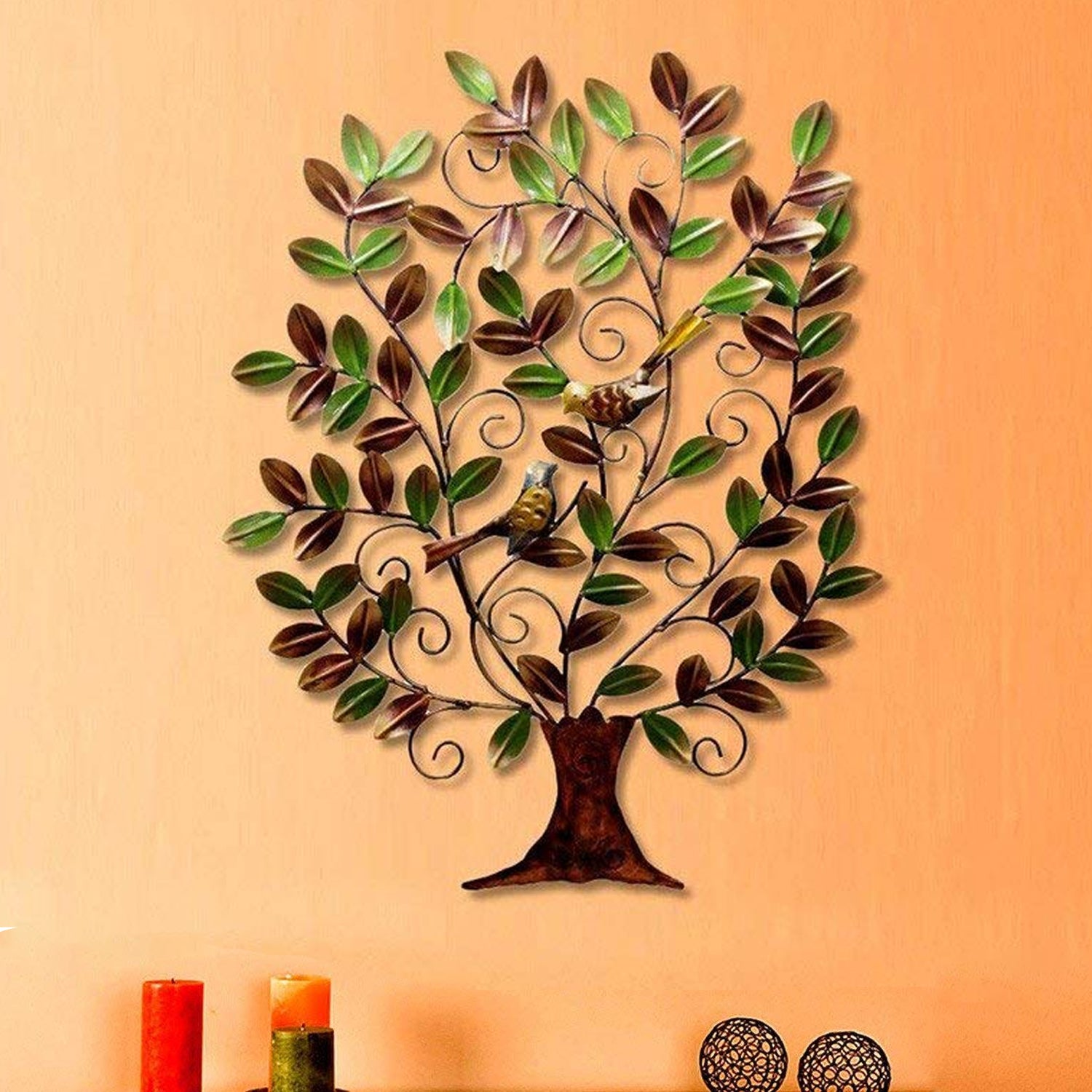 Multicolor Metal Tree Birds Sitting On Branches Wall Art Decor Showpiece