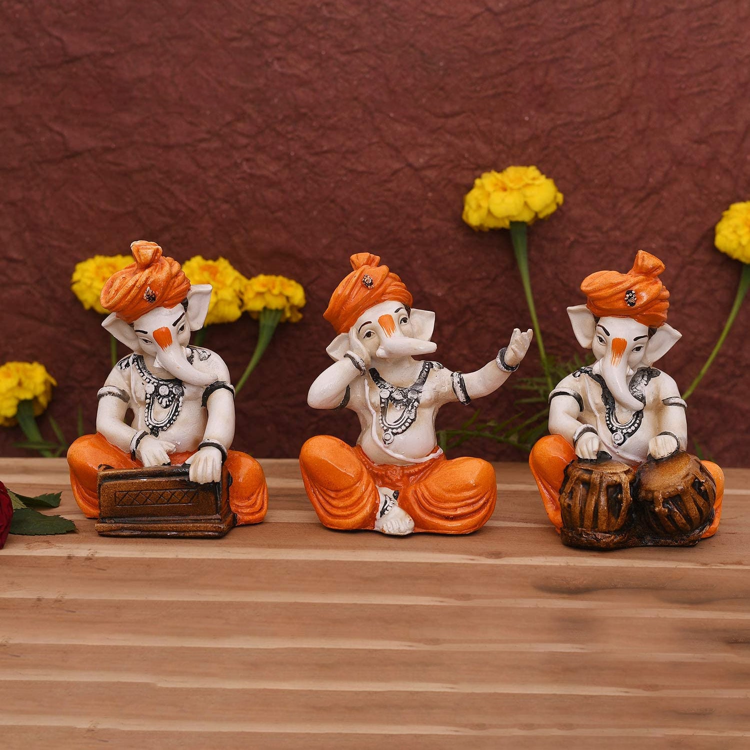 Lord Ganpati Playing Musical Instruments Figurine (Set of 3)
