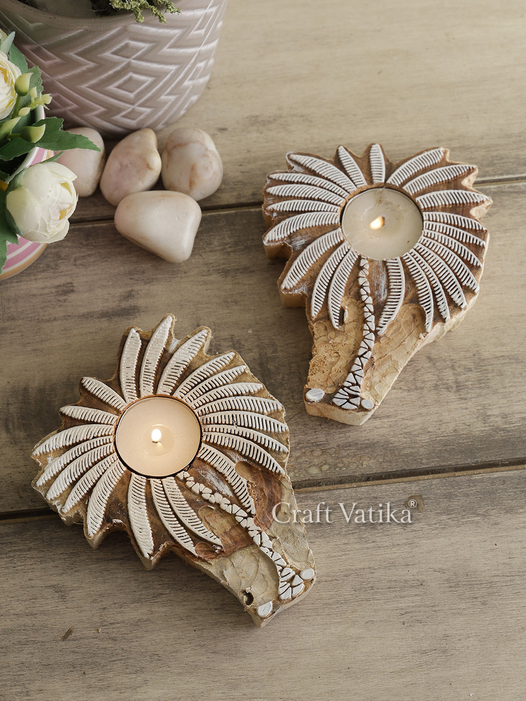 Wooden Block Print Tree Shaped TLight Candle Holder (Set of 2)