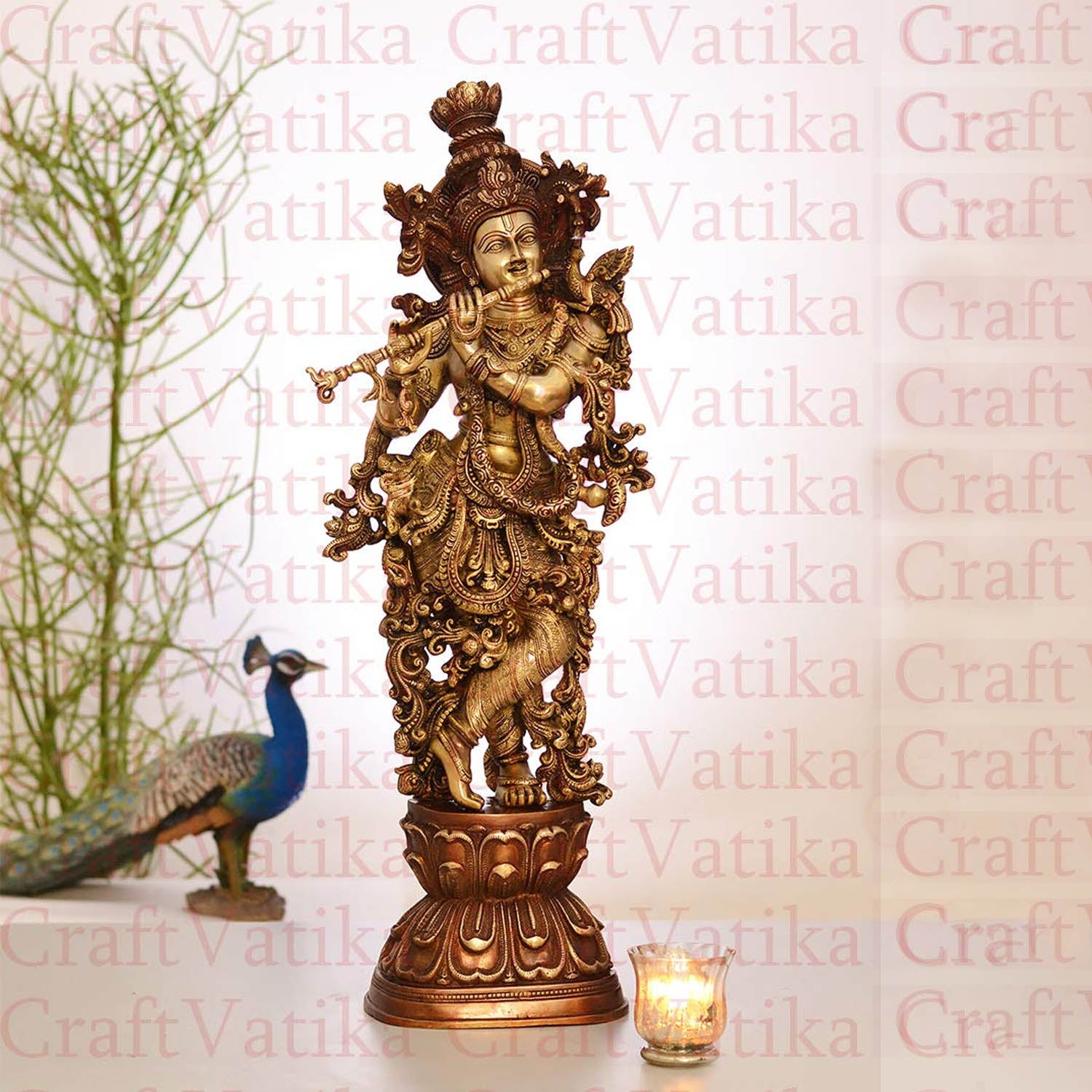 Gold Plated Flute Playing Standing Krishan Statue
