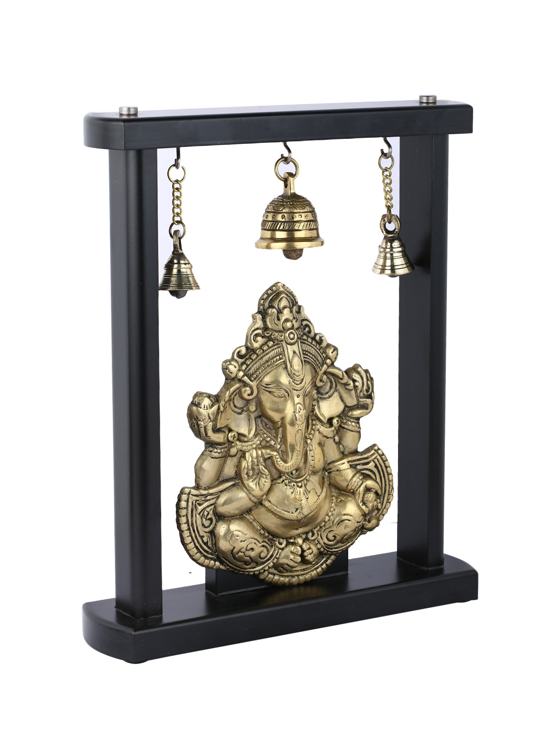 Brass Ganesha Idol On Wooden Base With Hanging Bells Gbs241