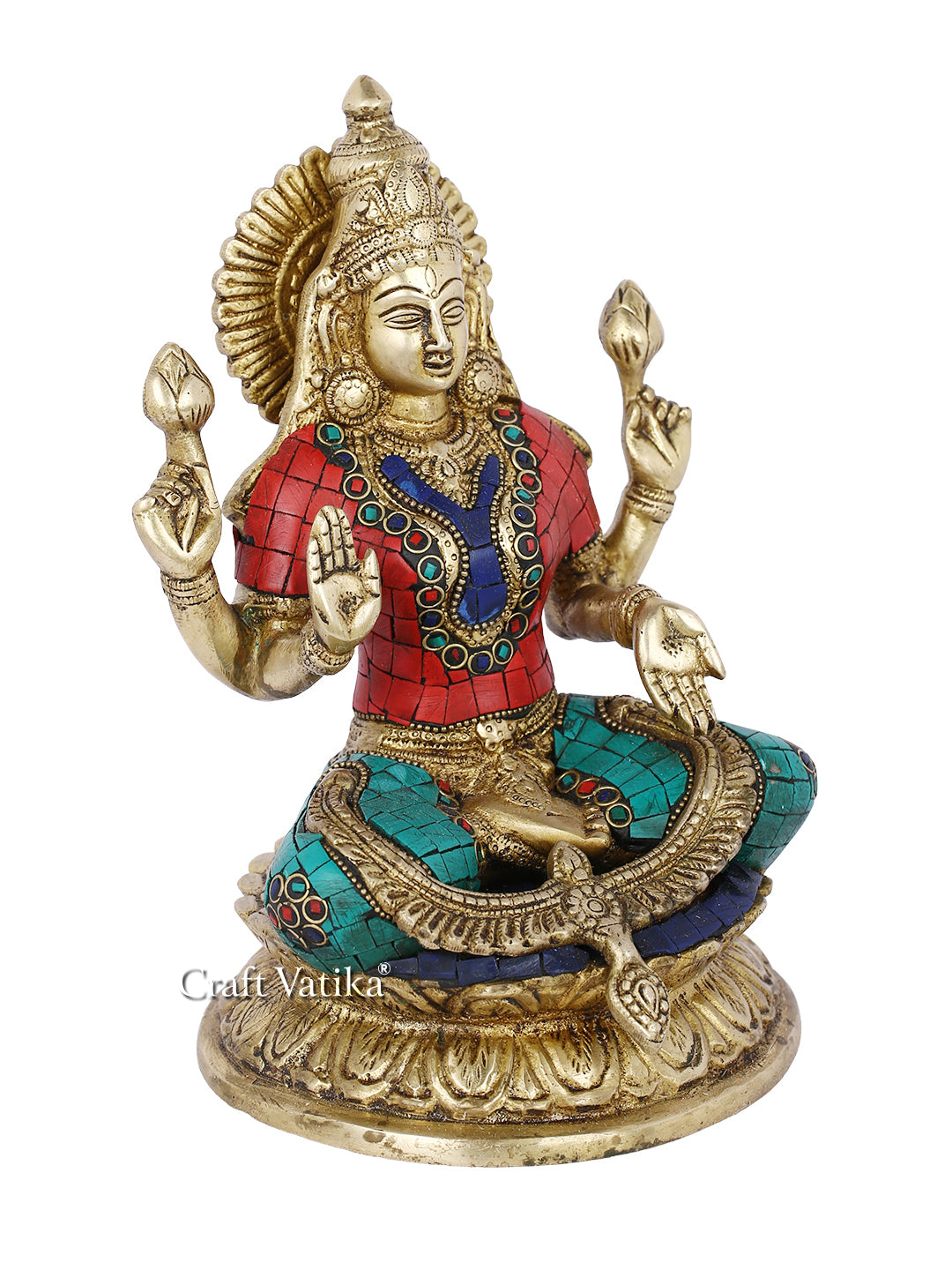 Hand Carved Brass Idol Of Goddess Lakshmi With Inlay Work Bhc_18