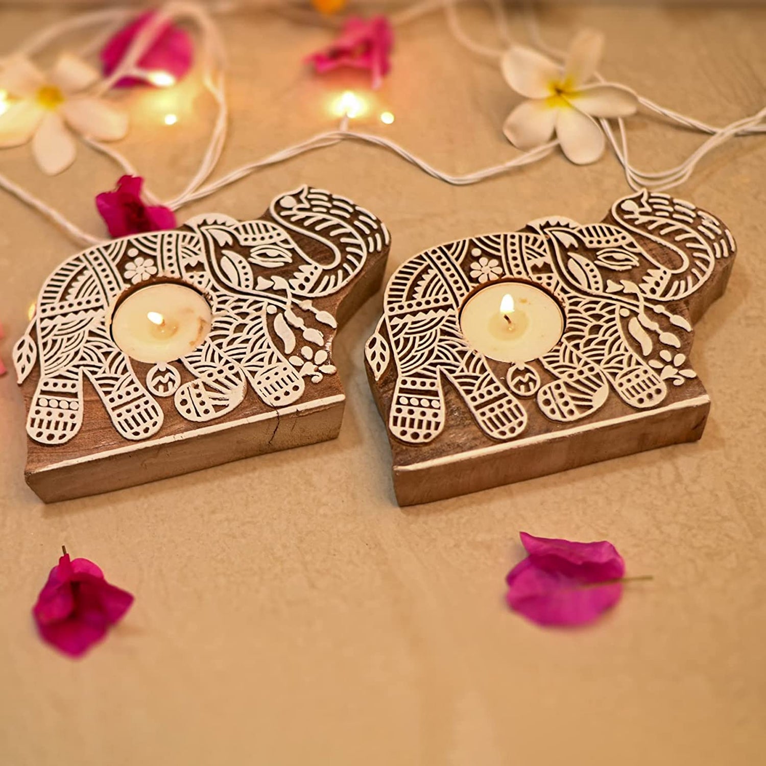 Wooden Elephant Tea Light Candle Holder (Set of 2)