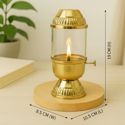 100% Pure Brass Akhand Diya with Adjustable bati Knob, Wick Lifting Screw Lever, Glass Cover  (DFBS569)
