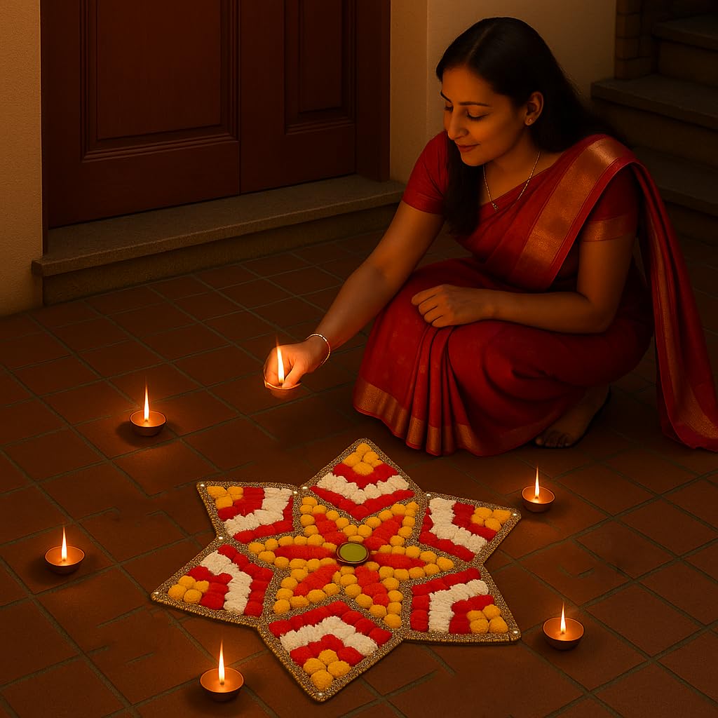Pom Pom Flower Rangoli Mat, Rangoli Candles Holder Floor Decoration Items ( RANG201 )