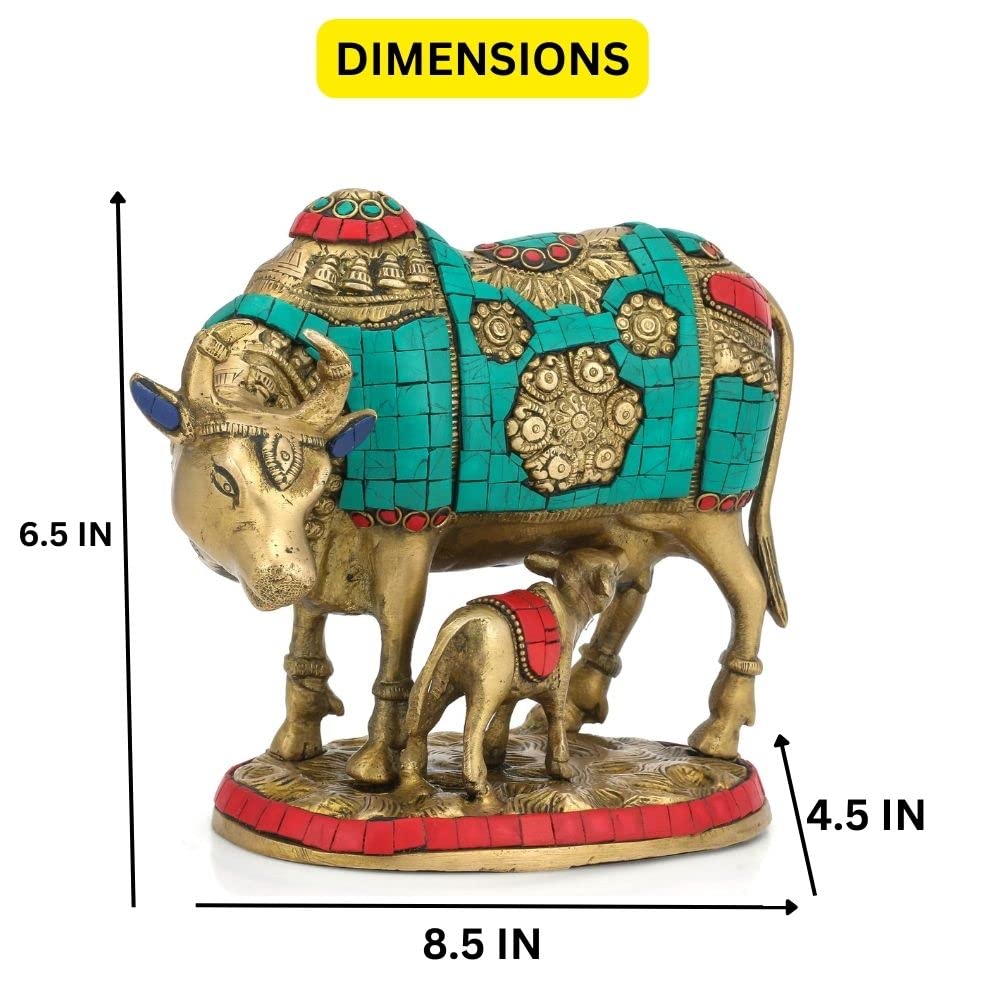 Brass Kamdhenu Cow and Calf Statue For Home Temple (COATS111)