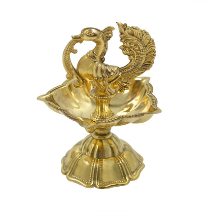 Peacock Design Brass Diya Set of 2, Kuthu Vilakku for Temple, Oil Wick Lamp (DFBS568-2)