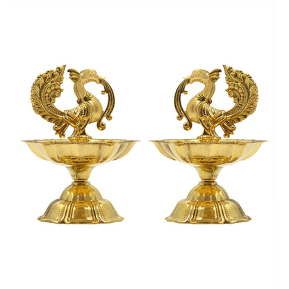 Peacock Design Brass Diya Set of 2, Kuthu Vilakku for Temple, Oil Wick Lamp (DFBS568-2)