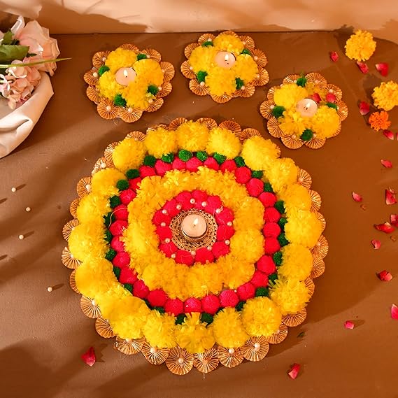 Diwali Decoration Items, Artificial Marigold Garlands Decoration Mate for Home Floor Decorations, Rangoli for Door Entrance Set of 7 (Flower Mat)(TCMH436-NEW)