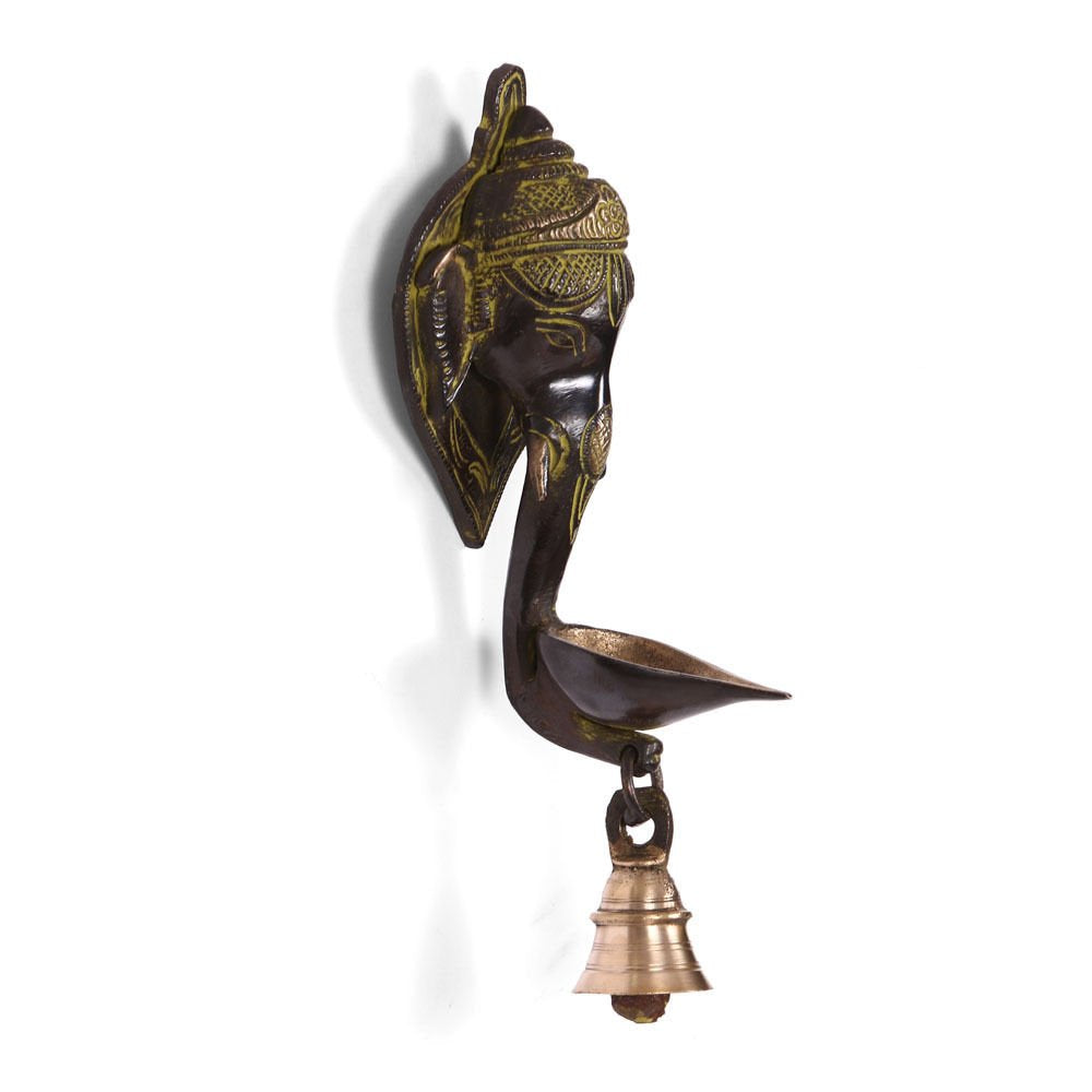 Brass Elephant Face Oil Lamp Diya With Bell Wall Hanging Showpiece