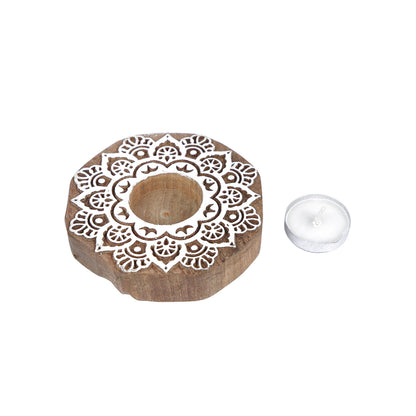 Wooden Block Round Shaped Tealight Holder Tcmh374