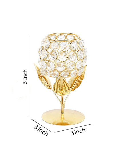 Metal & Crystal Golden Rose Tea Light Candle Holder Stand