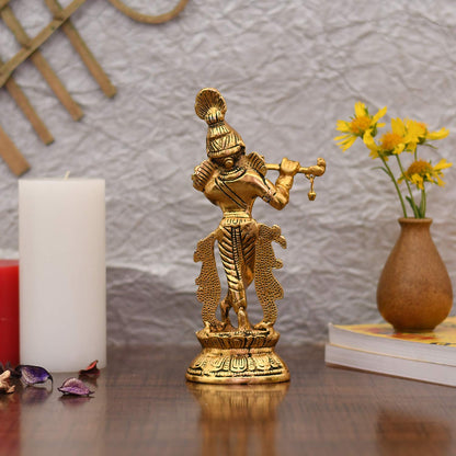 Metal Standing On Base Krishna Playing Flute Idol Statue Kbs145
