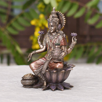Bronze Goddess Lakshmi Maa Idol Sitting on Lotus Statue