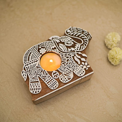 Wooden Elephant Tea Light Candle Holder (Set of 2)