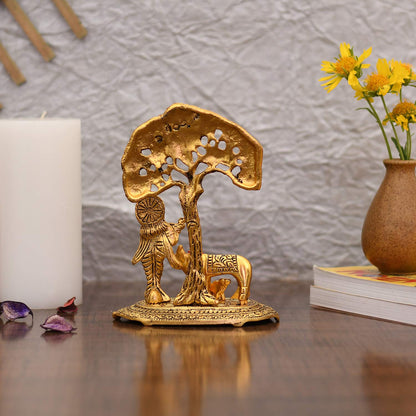 Metal Standing Krishna Playing Flute With Kamdhenu Cow Idol Statue Kbs144
