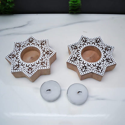 Wooden Block Print Tea light Candle Holder (Set of 2)